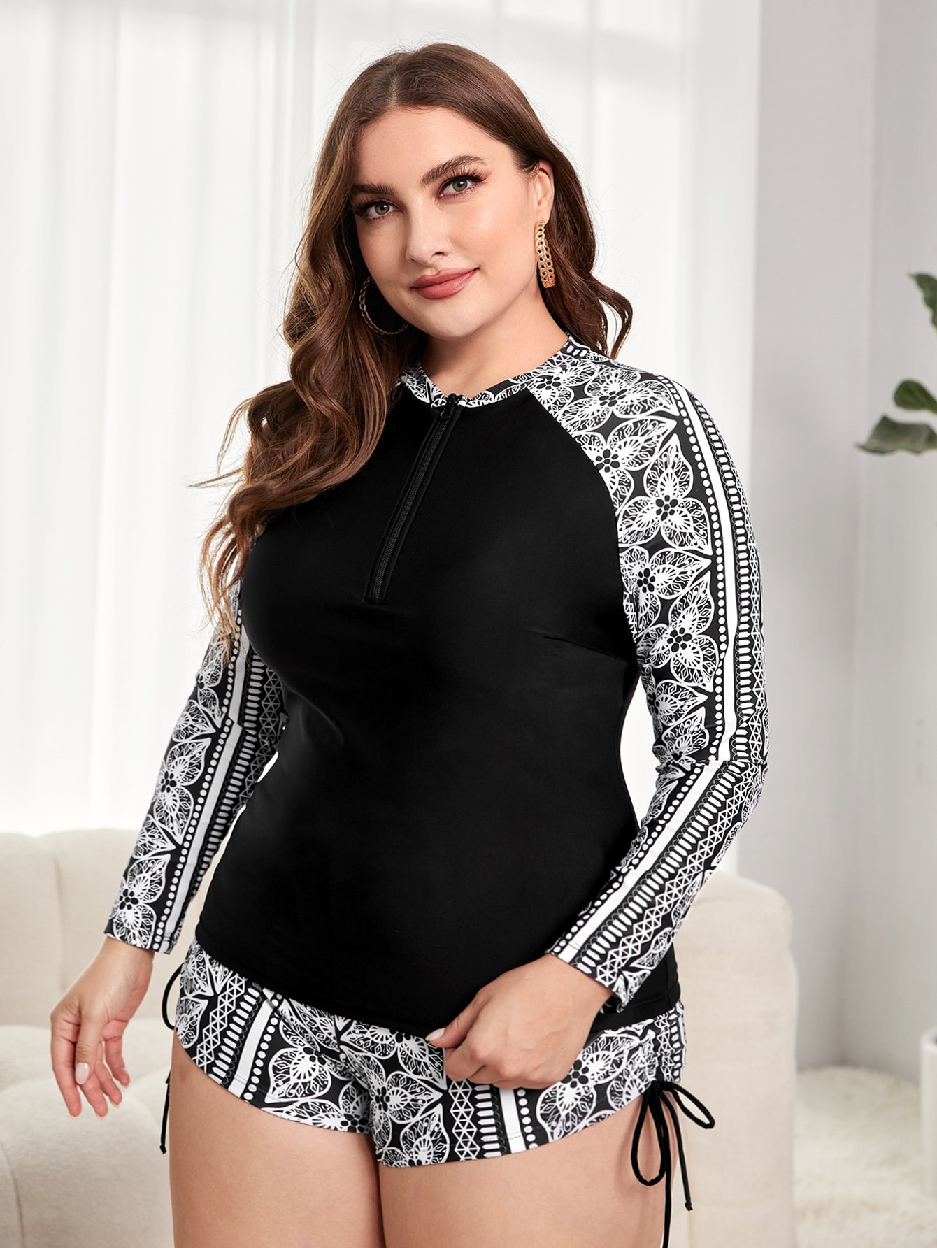 Plus Size Rash Guard Swimsuit Set Long Sleeve Patchwork Push Up 2 Piece Swimwear